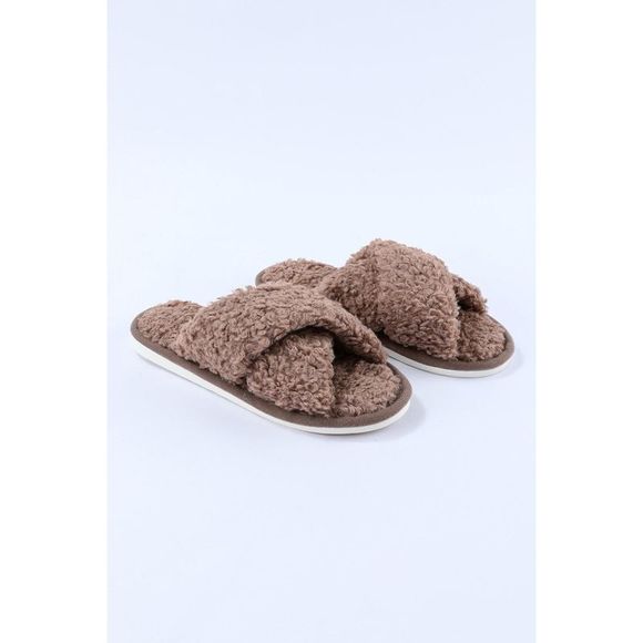Azura Exchange  Brown Teddy Fur Cross Straps Home Slippers - Picture 8 of 13